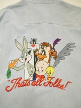 LOONEY TUNES Men&#39;s SHIRT LS Embroidered Cartoon Characters Blue / White XL - $34.95