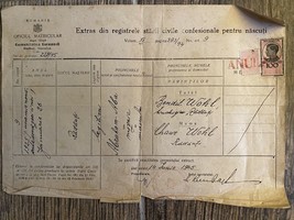 Old Document Romania Extract From  Certificate  Of Birth Jewish 1945 - $23.15