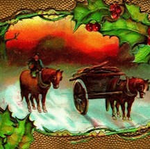 Merry Christmas Horse Drawn Cart Holly Frame Gilt Embossed 1909 Vtg Postcard - £7.29 GBP