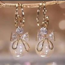 Light Luxury Zircon Bow Simulated Pearl Earrings - $14.36