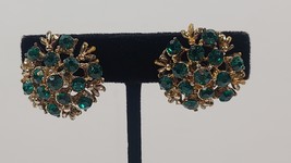 Vintage CORO Gold Tone Clip On Earrings with Emerald Green Colored Stones - $84.99