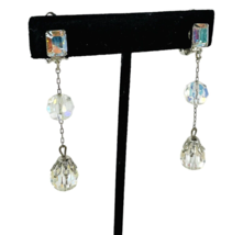 Clip-on Earrings Aurora Borealis Dangle Drop Crystals Wedding Prom 2.25&quot; - £11.43 GBP