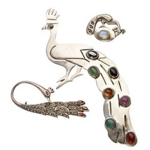 Wonderful Three (3) Sterling Silver Peacock And Gemstones Brooches &amp; Pendant - £204.42 GBP