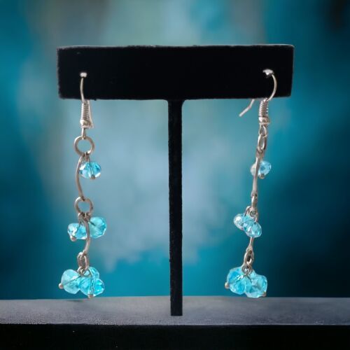 Primary image for Glass Beaded Chandelier Earrings Aqua Ocean Blue Silver Tone Faceted Dangle