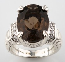 Judith Ripka Sterling Silver Smoky Quartz Prong-Set Ring Size 6.25 w/ CZ Accents - £107.89 GBP