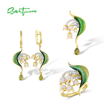 925 Silver Jewelry Set For Women Green Gems White CZ Enamel Flower Delic... - $169.91