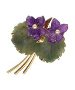 14k Yellow Gold Carved Genuine Amethyst Violet Flower and Jade Leaf Pin ... - $1,014.16 CAD