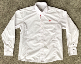 Tesla Motors Dress Shirt-White-Red Embroidered Logo-M-Button Up-Work Uni... - £18.64 GBP