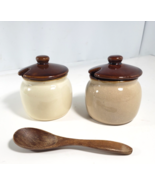 VTG 2 Small Ceramic Canister Sugar / Cream Bowl Jars with Lids+ 1 Wooden... - $10.00