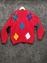 VTG IZOD Sweater Women Large Red Diamond Argyle Tight Knit Round Neck - £25.28 GBP