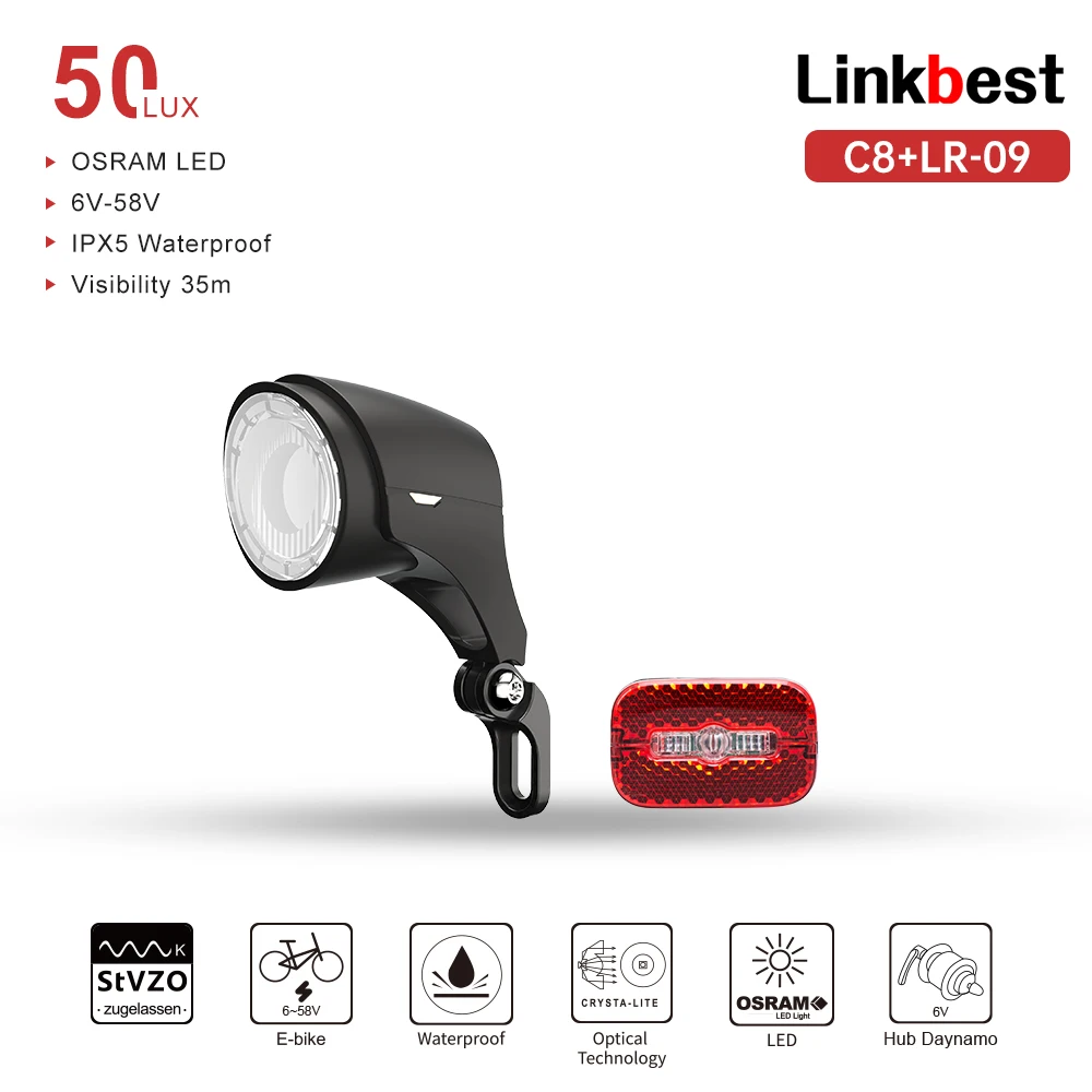 Linkbest 50 Lux Bike Front Light Waterproof Headlight Rear Bicycle Light 6V-58V  - £113.47 GBP