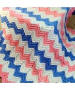 Crochet Baby Blanket Handmade Multicolor Pink &amp; Blue With White 44x42&quot;  ... - €7,80 EUR