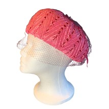 Ladies Pink Hat with Netting and Ribbon Bow Vintage - $52.46