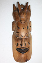 XXL Vintage Hard and Heavy Hand Carved  Horned Wooden Face Mask 18&quot; Wood Art Rar - £47.95 GBP