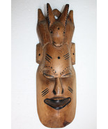 XXL Vintage Hard and Heavy Hand Carved  Horned Wooden Face Mask 18&quot; Wood... - £46.27 GBP