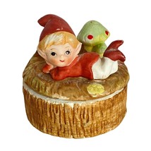 HOMCO Pixie Elf Toadstool Mushroom Trinket Box Hand Painted Log Porcelain Vtg - £11.98 GBP