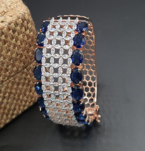 Bollywood Style Indian Rose Gold Plated Kada Bracelet CZ Blue Bangle Jewelry Set - £59.79 GBP