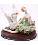 Vintage Ballerina And Swan Statue Figurine On Wood Stand Colorful &amp; Heav... - $23.56