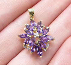 Gold Over 925 Silver - Amethyst &amp; Genuine Diamond Drop Pendant - PT1220 - £25.81 GBP