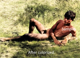 Gay male figure nudist laying on the grass field colorized vintage art photograp - £5.50 GBP+