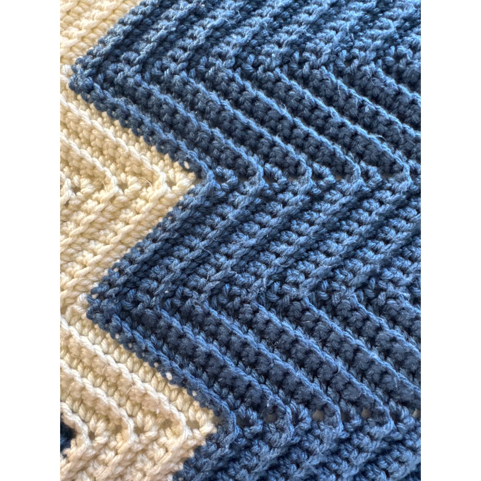 Handmade Crochet Chevron Blanket Blue Cream 81x42 Item image 3