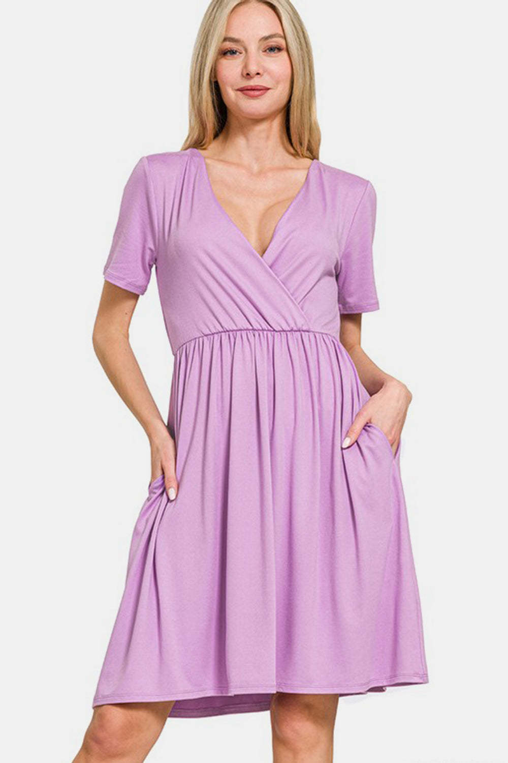 Zenana Surplice Short Sleeve Brushed DTY Dress - $22.55