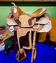 Western Show Leather Saddle With Real Silver Metal Craved Highlighted/ Free Ship - £589.29 GBP+