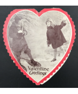 c1900s Victorian Die Cut Playful Snowball Fight Red Heart Valentine Gree... - $9.49