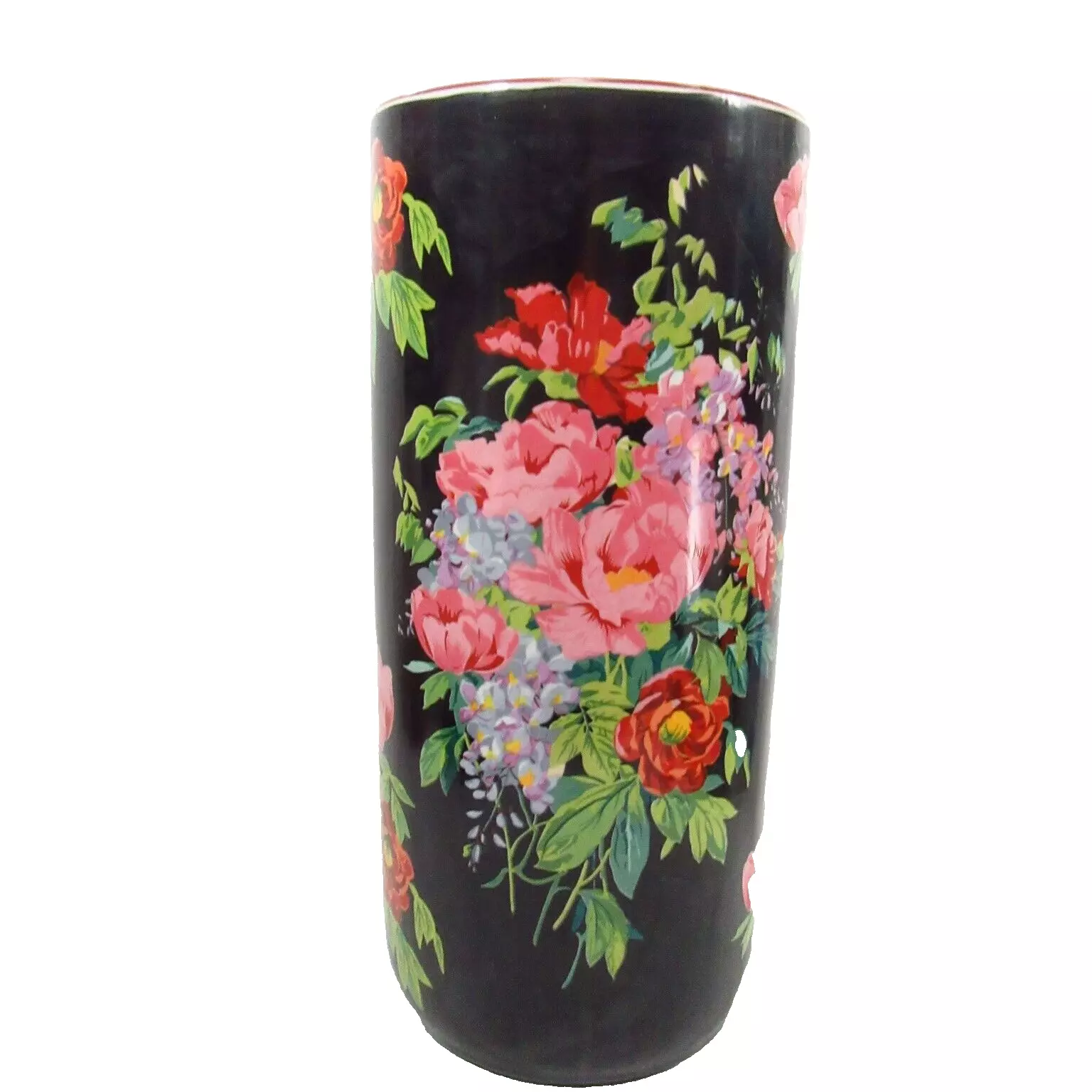 Centrum Ceramics Floral Hand Painted Black Signed Tall Vase Umbrella Stand - $210.00