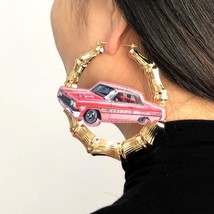 KUGUYS Vintage Pink Sports Car Big Bamboo Hoop Earrings for Women Retro Glitter  - £8.39 GBP