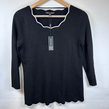 Cable &amp; Gauge Knit Top Scalloped Trim 3/4 Sleeve Sweater Black Size M - $24.74