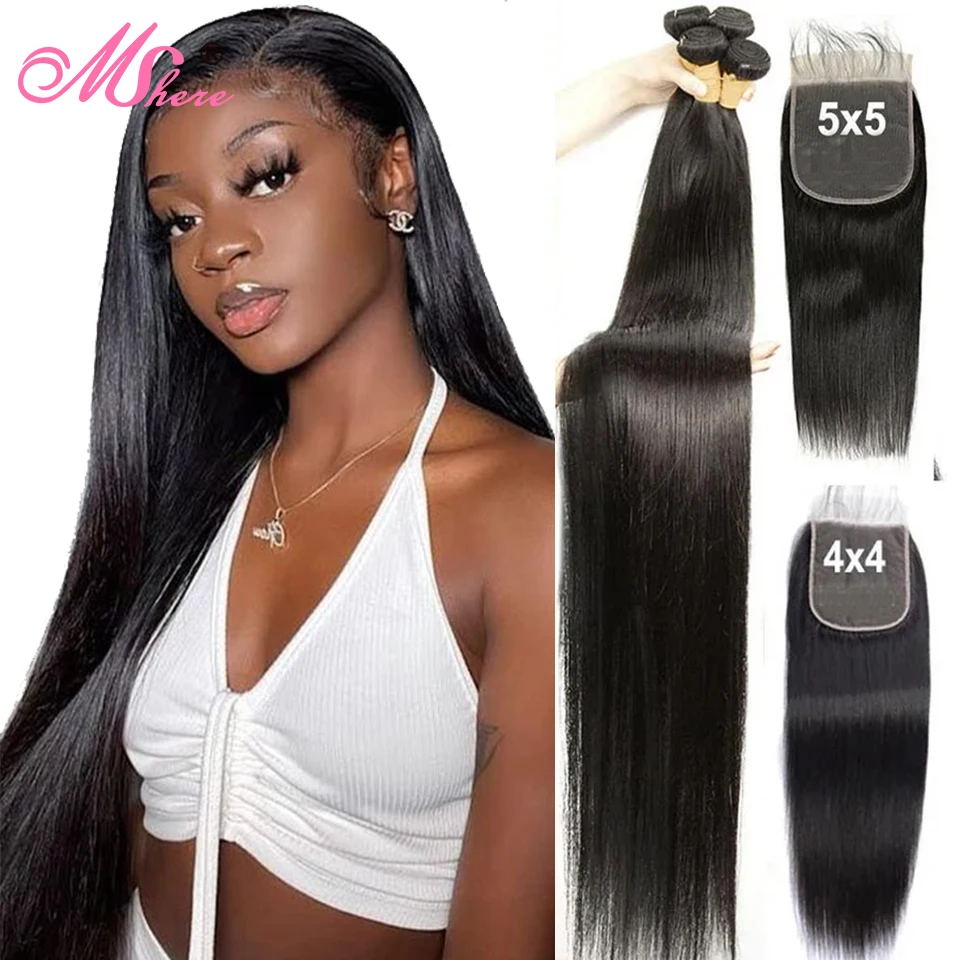 Bone Straight Human Hair Bundles With Closure Lace Closures With Bundles - £84.30 GBP+