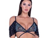 Sequin Fishnet Crop Top Off Shoulder Fringe Wrap Bikini Shimmer Trim Bla... - $38.69