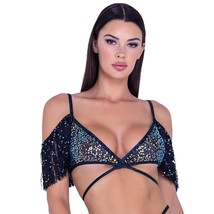 Sequin Fishnet Crop Top Off Shoulder Fringe Wrap Bikini Shimmer Trim Bla... - £30.83 GBP