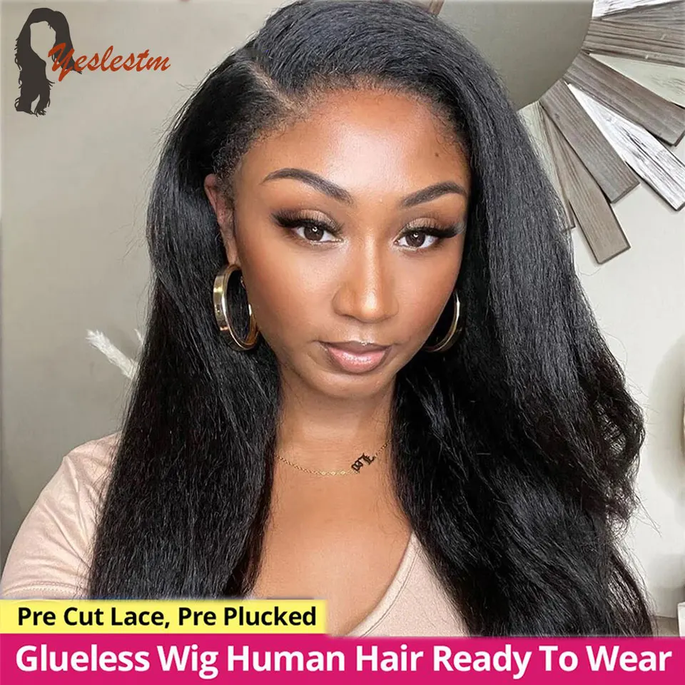 10-34 Kinky Straight Glueless Preplucked Human Hair Lace Front Wig Ready To  - £80.88 GBP+