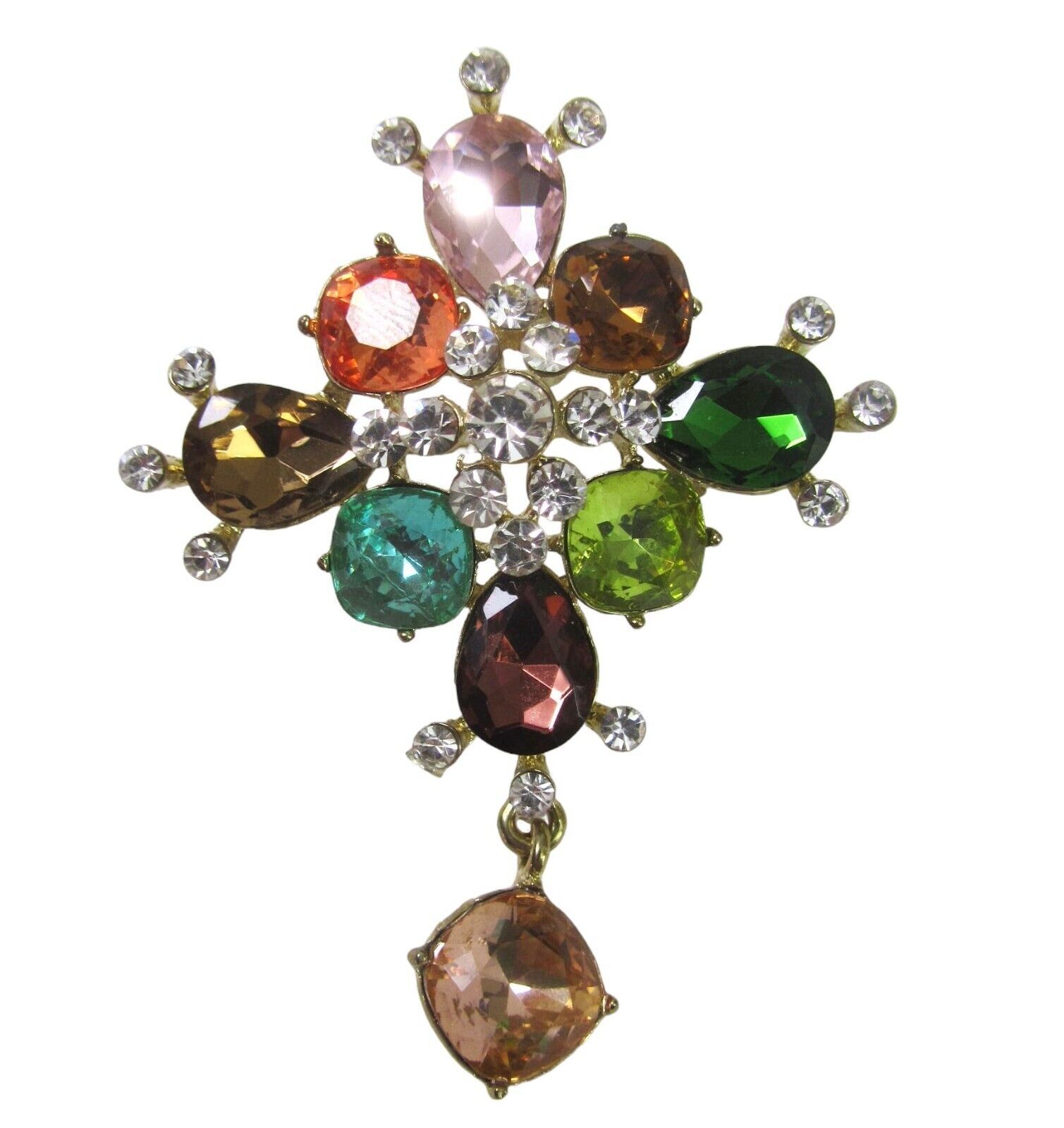 Primary image for Vintage Rhinestone Colorful Dangle Gold Brooch Green Orange Brown Stone 3" large