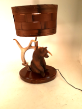 Vintage Rustic Table Lamp wit Antler and Carved Wooden Seated Bear, Basket Shade - £91.63 GBP