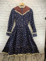 Gunne Sax Dress Vintage 70’s Prairie Girl Floral Print Lace High Collar XS Jr 5 - £311.61 GBP