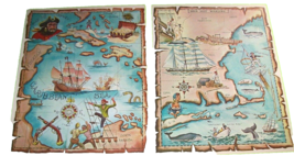 Pirate Ship Art Prints Treasure Chest Map Sea Monster Ocean Whales Set Of 2 - £19.76 GBP