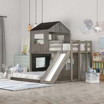 Wooden Twin Over Full Bunk Bed, Loft Bed with Playhouse, Farmhouse, Ladder, Slid - £724.40 GBP