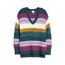 Lush Women&#39;s Green Purple Mixed Stripe V-Neck Pullover Sweater Knit New ... - £11.66 GBP