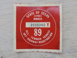 1989 TEXAS ALL TERRAIN VEHICLE OFF-ROAD-HIGHWAY REGISTRATION STICKER NEW... - £3.74 GBP