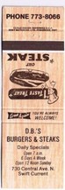 Swift Current Saskatchewan Matchbook Cover D B&#39;s Burgers &amp; Steaks Universal - $1.97