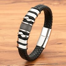 Fashion Braided Rope Wrap Black Leather Bracelets for Men Classic Style Stainles - £13.89 GBP