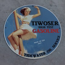 Vintage 1957 Tiwoser High Test Gasoline Tidewater Oil Porcelain Gas &amp; Oil Sign - £98.07 GBP