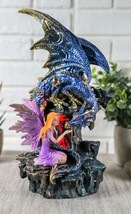 Ebros Purple Fairy Kneeling by Blue Zirconia Dragon On Rock LED Light Figurine - £34.57 GBP