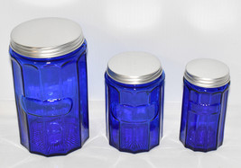 3 Vintage Cobalt Blue Glass Jars w Metal Lids Depression Era Paneled Can... - £71.14 GBP