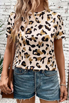 Apricot Leopard Print Round Neck Casual T Shirt - $9.63