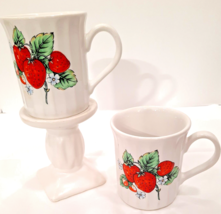 Cute VTG Strawberry  Coffee Mugs Set of 2 Made in Korea White Ribbed - £12.41 GBP