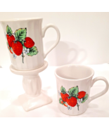 Cute VTG Strawberry  Coffee Mugs Set of 2 Made in Korea White Ribbed - £12.34 GBP